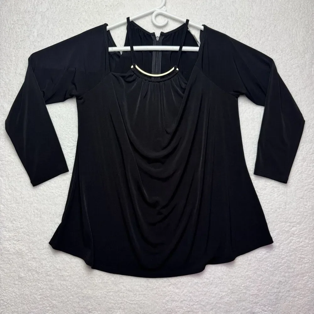 Michael Kors Cold Shoulder Top Womens XL Black Gold Accent Neck Zip Long Sleeve